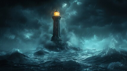 Wall Mural - A lighthouse is shown in the middle of a stormy sea