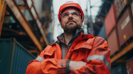 resolute industrial worker in safety gear at container yard, epitomizing workplace safety and operat