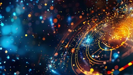 Wall Mural - Abstract Astrology Concept Background. Radiant circular patterns with digital nodes and blue-orange hues
