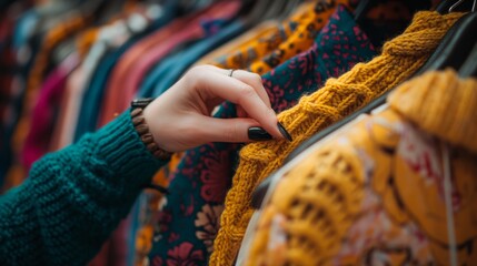 Wall Mural - Person browsing through colorful clothing at a market, decision making in consumer shopping, Concept of retail, fashion choice, and market economy