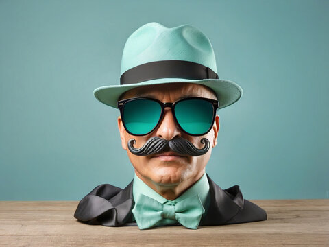 Elegant Father's Day design with hat, sunglasses, and moustache on a seafoam green backdrop design.