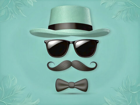 Elegant Father's Day design with hat, sunglasses, and moustache on a seafoam green backdrop design.