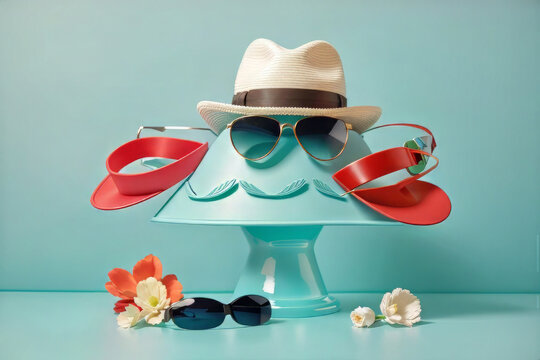 Elegant Father's Day design with hat, sunglasses, and moustache on a seafoam green backdrop design.