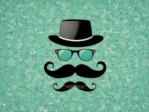 Elegant Father's Day design with hat, sunglasses, and moustache on a seafoam green backdrop design.