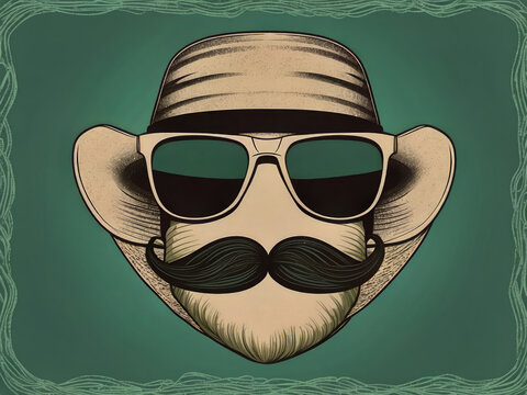 Elegant Father's Day design with hat, sunglasses, and moustache on a seafoam green backdrop design.