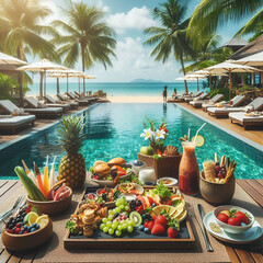 Wall Mural - A fit woman relaxing by the pool in an opulent tropical resort, with a variety of food and beverages available at the table, enjoying the beach and a lavish summer lifestyle