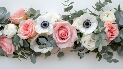 Wall Mural - Wedding flower arrangements with pink roses white anemones and eucalyptus leaves. Concept Wedding Flowers, Pink Roses, White Anemones, Eucalyptus Leaves, Floral Arrangements