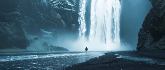 Waterfall , beautiful landscape with waterfall and man standing under the water splash