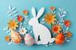 Cheerful Easter artwork with eggs and a bunny on a card. Made with paper cutouts.