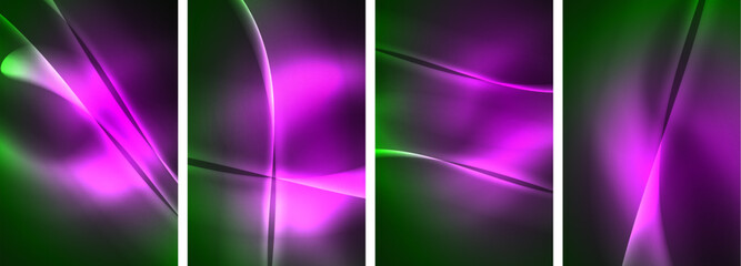 Poster - A vibrant display of colorfulness with purple and green lights on a black background, creating a mesmerizing pattern of rectangles and organisms in shades of violet and magenta