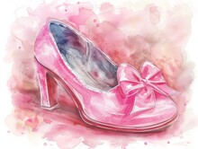 Charming Watercolor Illustration Of A Pink Princess Shoe With Bow Details 