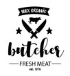 Butcher shop logo emblem. Meat shop typography icon. Butchery store vector design element. Vector illustration with meat knife. Butcher logo template. Fresh meat shop. Vintage kitchen logo.