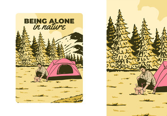 Wall Mural - camping alone in nature. vintage outdoor illustration badge design
