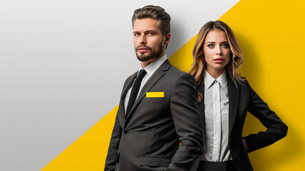 a male and female business professional in sharp suits, set against a striking yellow and white geometric background