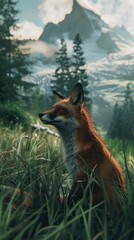 Poster - A fox sitting in the grass in front of a mountain