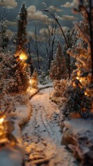 Poster - A snowy path in the middle of a forest at night