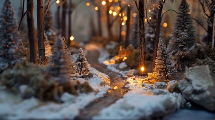 Poster - A model of a snowy forest with trees and lights