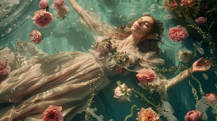 Sticker - A woman laying in a pool of water surrounded by flowers