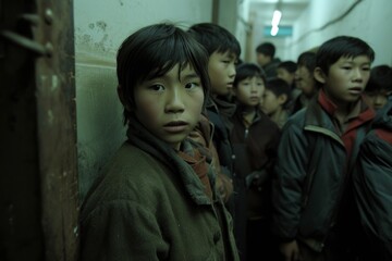 Wall Mural - Children in the corridor of an abandoned school. Selective focus.