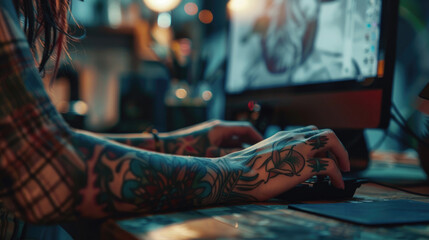 Wall Mural - Close-Up of Tattooed Woman Bringing Design Ideas to Life on Computer