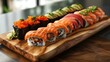 Assorted sushi platter on a wooden board, concept of Japanese cuisine, gourmet dining, and culinary art