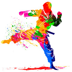 Wall Mural - Energetic Watercolor Karate Kick with Dynamic Splatter on White Background