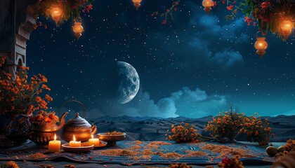 Wall Mural - a beautiful night sky with a large moon and many stars