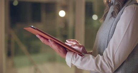 Poster - Tablet, night and hands of business woman for online project, website review and social networking. Office, professional and worker on digital tech for research, report and reading internet news