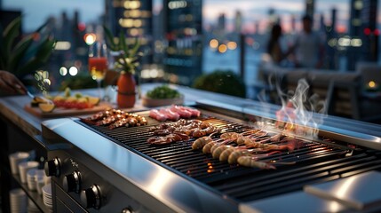 A modern rooftop terrace BBQ party in an urban setting