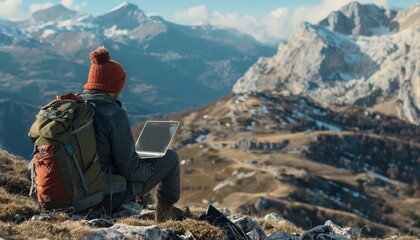 Digital nomad lifestyle with person working on mountain exploring remote work possibilities concept of adventure remote working 