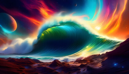 Wall Mural - a digital painting of a cosmic wave crashing onto an alien planet with vibrant colors and swirling p