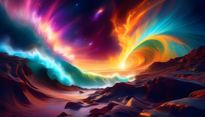 Wall Mural - A digital painting of a cosmic wave crashing onto an planet with vibrant colors 