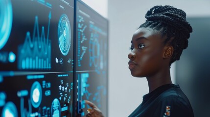 Poster - An African-American woman, programmer, IT specialist, Engineer standing near a digital screen in the office. Graphical user interface, information, communication technology, coding, cybersecurity.