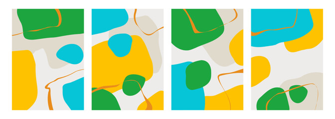 Poster - Set of abstract backgrounds with various curved bright colored shapes and orange bent lines for creative graphic design. Vector illustration.