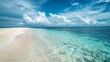 A panoramic view of a pristine beach with clear blue waters and white sand, emphasizing the need for ocean conservation and clean seas on Earth Day