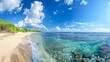 A panoramic view of a pristine beach with clear blue waters and white sand, emphasizing the need for ocean conservation and clean seas on Earth Day