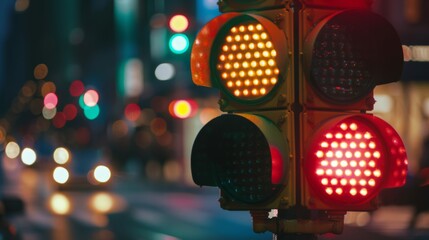 Poster - A close-up of a traffic signal with vibrant red and green lights illuminated, indicating stop and go for vehicles.