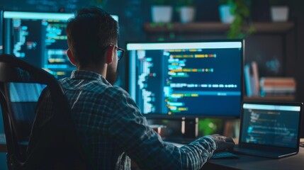 Poster - A mobile application developer, a man, is developing a new idea while sitting at a computer in the office. Program code, Innovative startup project, website, Technology concepts.