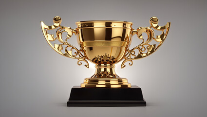 Wall Mural - A gold trophy with a brown base sits on a white surface against a pale grey background.

