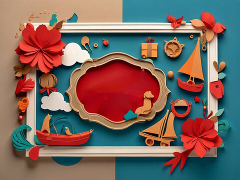 Father's Day card or frame with holiday icons made of paper.