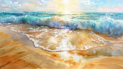 Wall Mural - Sunlit beach watercolor painting scene., International Sun Day, the importance of solar energy, Sun’s contributions to life on Earth.