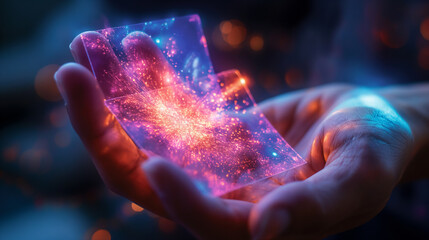 Canvas Print - A hand holding an energy card glowing with vibrant colors