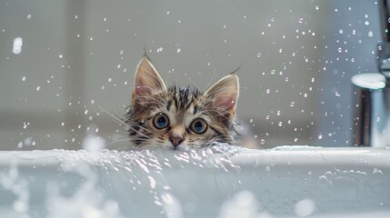 Poster - A curious kitten peeking over the edge of a bathtub, captivated by the splashing water.