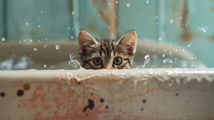 Poster - A curious kitten peeking over the edge of a bathtub, captivated by the splashing water.