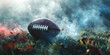 © Sufyan - American football ball on grass with smoke in background showing action in stadium