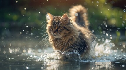 Aufkleber - A fluffy feline splashing around in a shallow pool, whiskers twitching with delight.