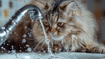 Poster - A fluffy Persian cat batting at water droplets from a dripping faucet, eyes gleaming with amusement.