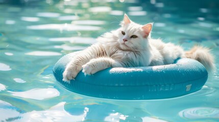 Poster - A fluffy white cat lounging on a pool float, enjoying a leisurely day in the sun.