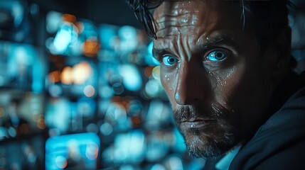 Leinwandbilder - Close-up of a security analyst monitoring real-time data on cyber threats, multiple screens in a dark surveillance room.