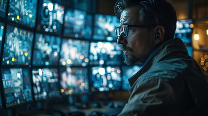 Leinwandbilder - Close-up of a security analyst monitoring real-time data on cyber threats, multiple screens in a dark surveillance room.